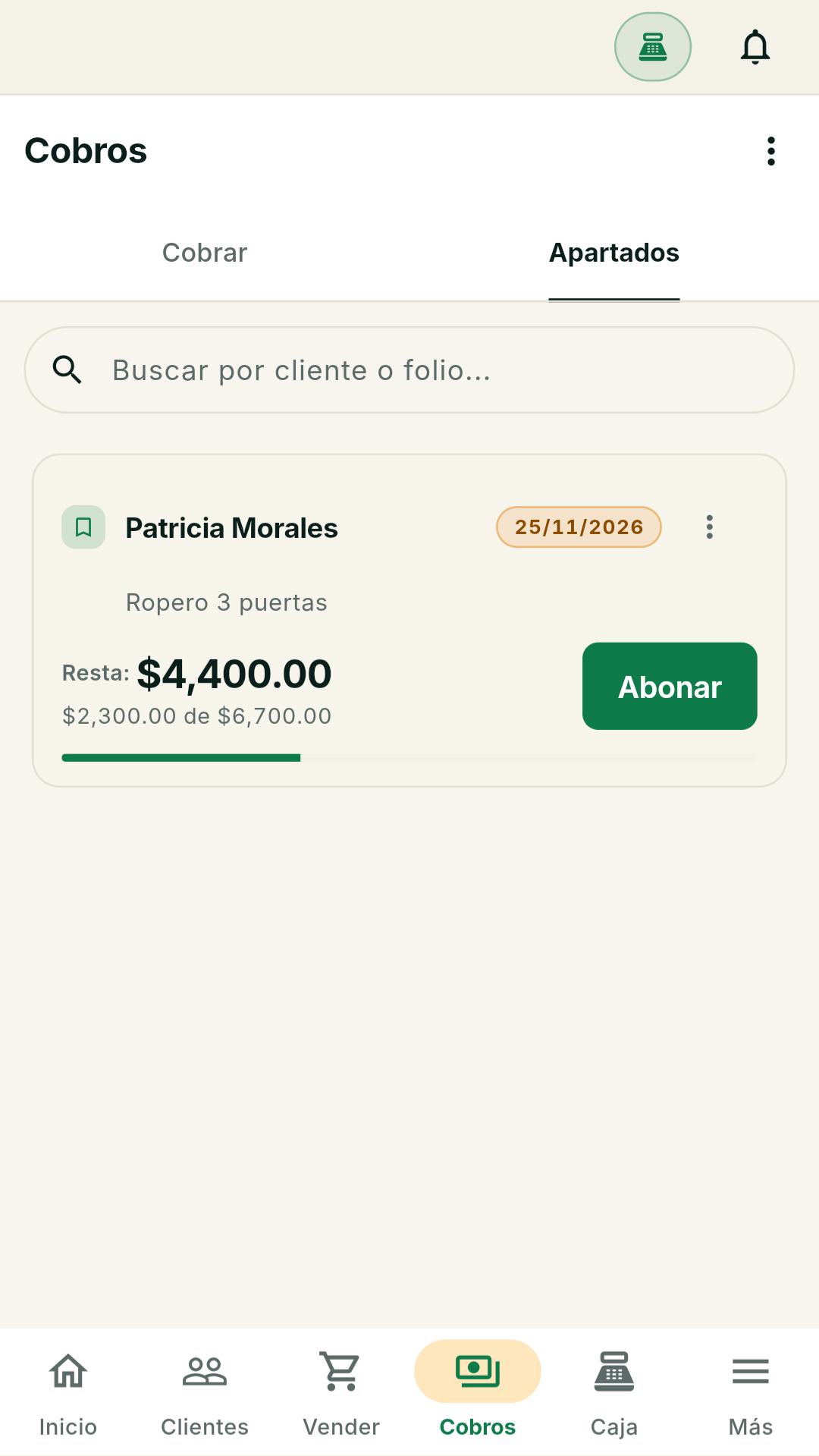 Apartado de demostración de Patricia Morales: ropero de 3 puertas, abonó $2,300.00 de $6,700.00, quedan $4,400.00 y fecha límite 25/11/2026.