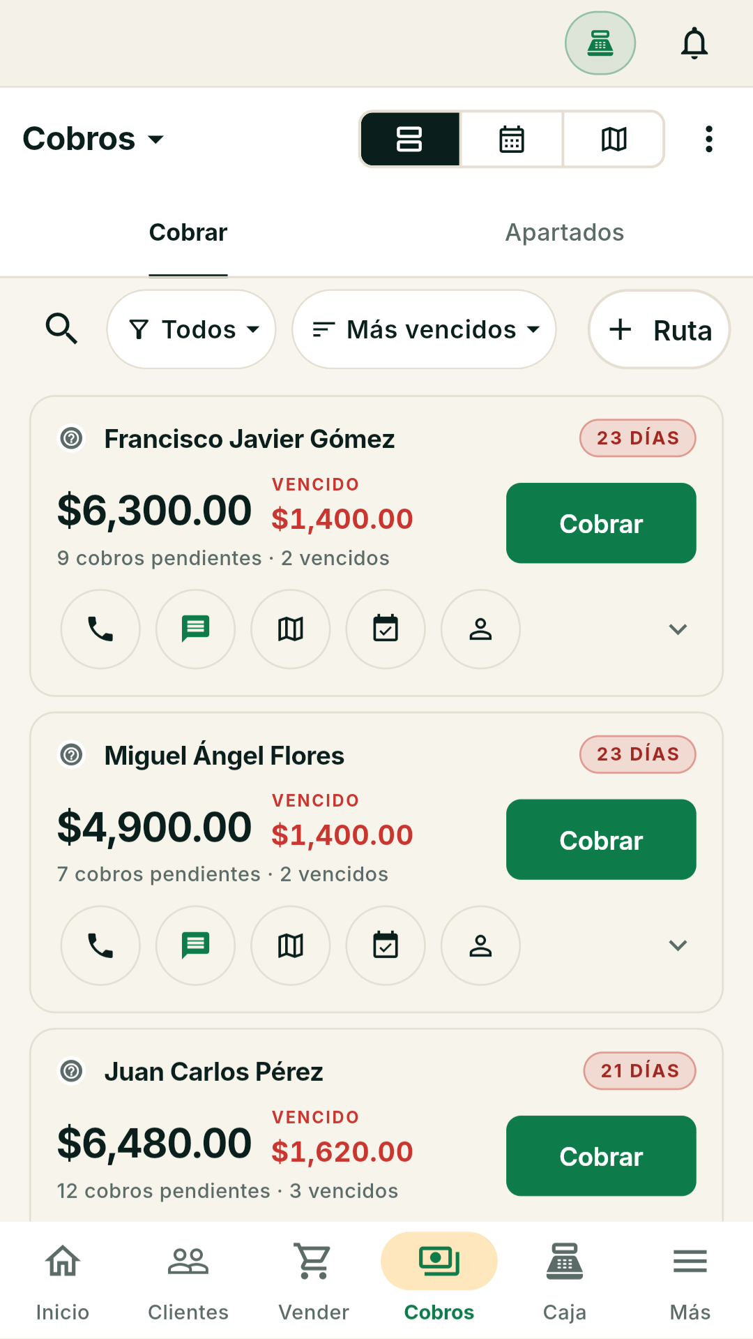 Pantalla de Cobros de Abona con datos de demostración: Francisco Javier Gómez debe $6,300.00 con $1,400.00 vencidos; Miguel Ángel Flores debe $4,900.00 con $1,400.00 vencidos; Juan Carlos Pérez debe $6,480.00 con $1,620.00 vencidos.