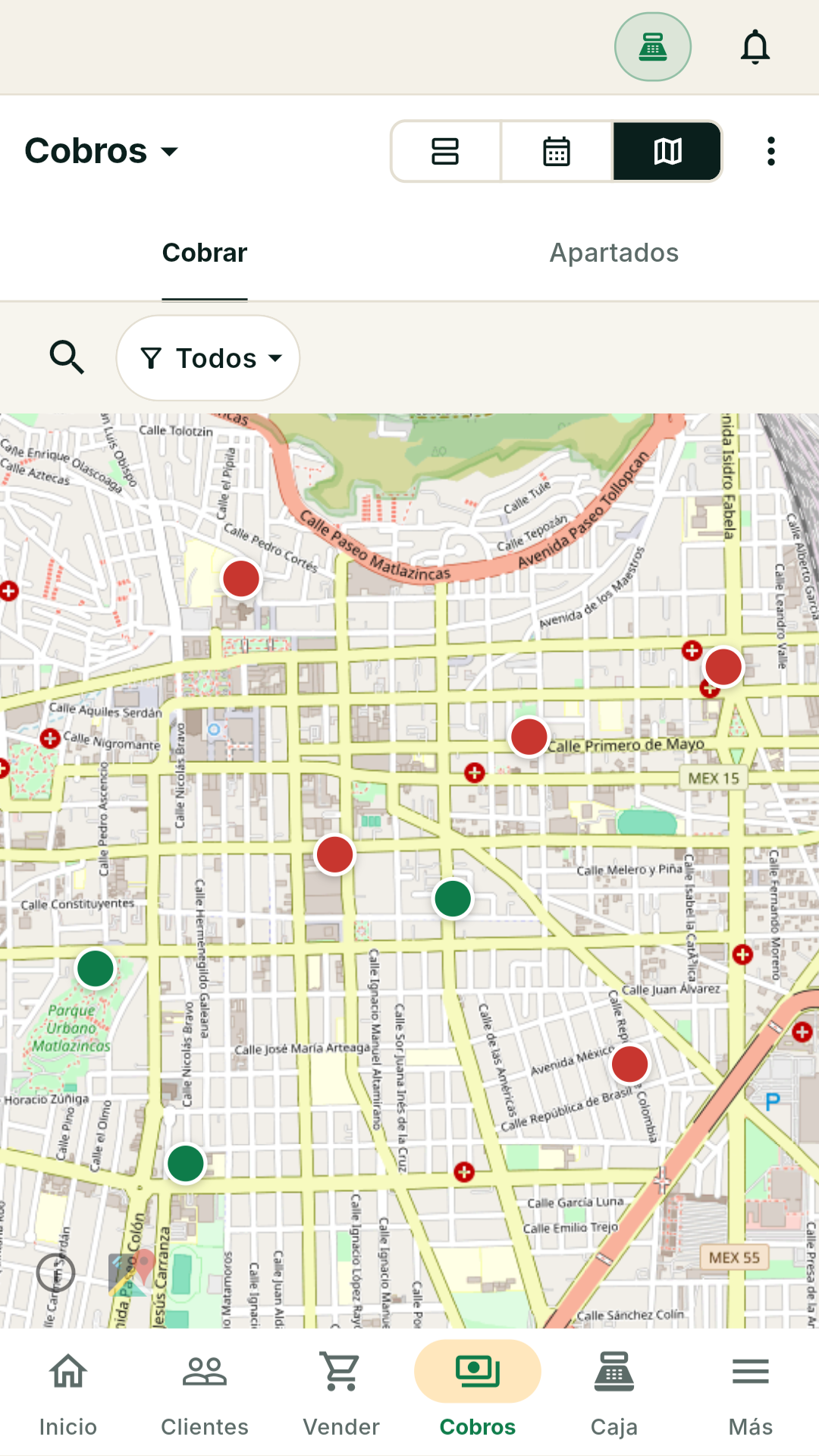 Mapa de Cobros de Abona con ubicaciones de clientes de demostración marcadas en rojo y verde; no muestra un recorrido trazado.
